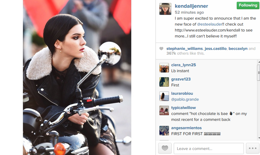 Kendall Jenner kondigt haar samenwerking met Estee Lauder aan. Foto: Kendall Jenner via Instagram