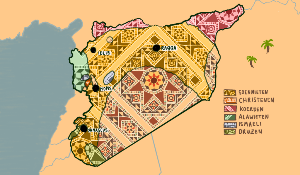 kaart van Syrië waarop aangeduid is waar verschillende religieuze groepen wonen.